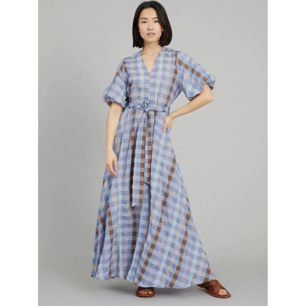 MUNTHE The Vencer Maxi Dress - Flowy Plaid Blue Ivory Balloon Sleeves Sz 8-10 LG